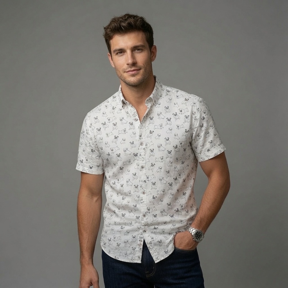 Denim & Flower Mens Pug Dog Print Slim Fit Short Sleeve Button Down Shirt Medium